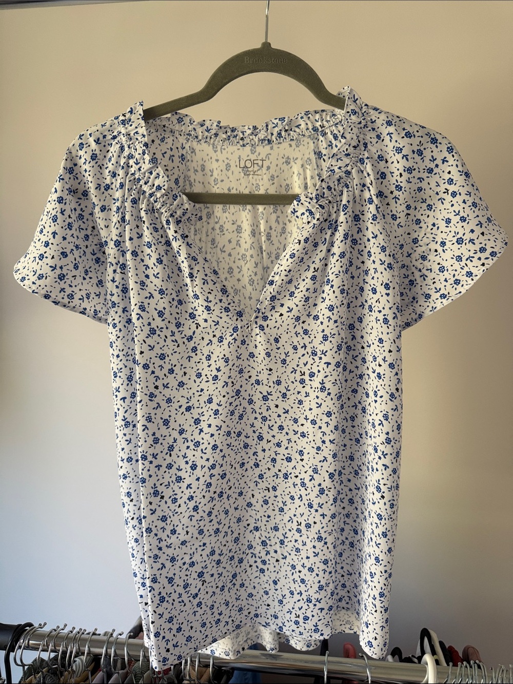 LOFT White Blouse with Blue Floral Ditsy Print